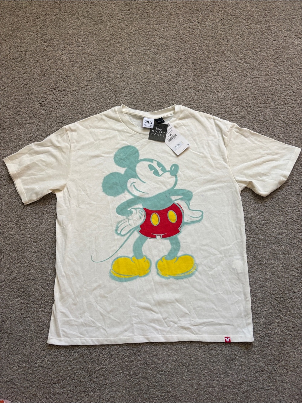Zara Cream Mickey Mouse Graphic Tee with Red & Yellow Accents